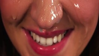 slutty sex kitten gets cum shot on her face swallowing